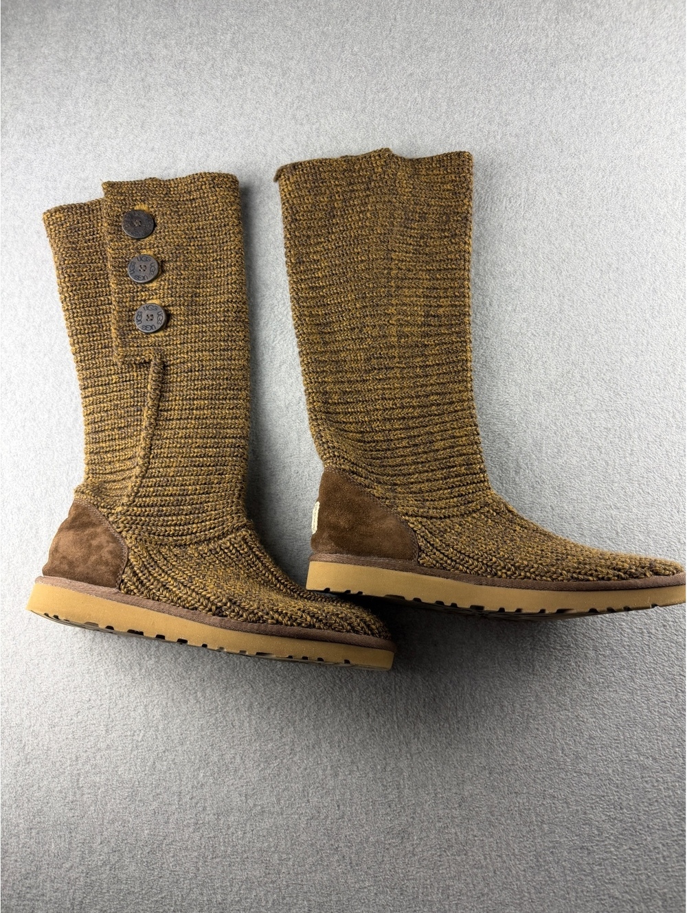 UGG Womens Size 11 Tall Knit Boots Brown mustard  Cardy 3 Button Sweater Boot